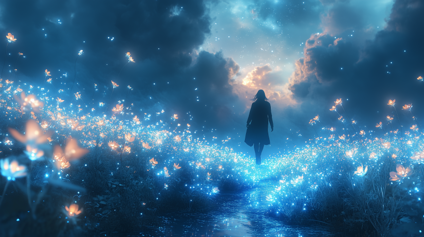 Person Walking Through Glowing Fantasy Field