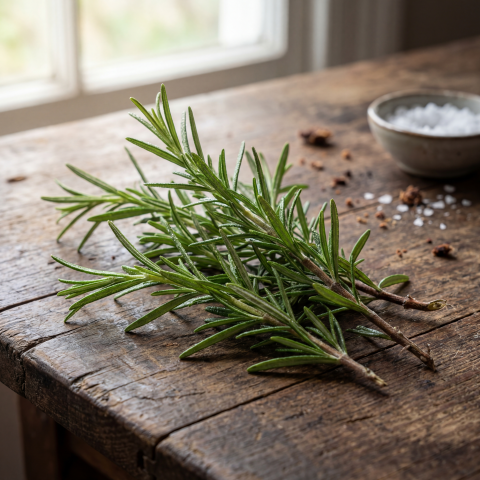 Photorealistic Close-Up of Fresh Rosemary on Rustic Wooden Table