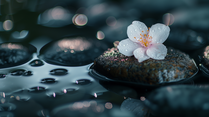 Pink Blossom on Wet Black Stones