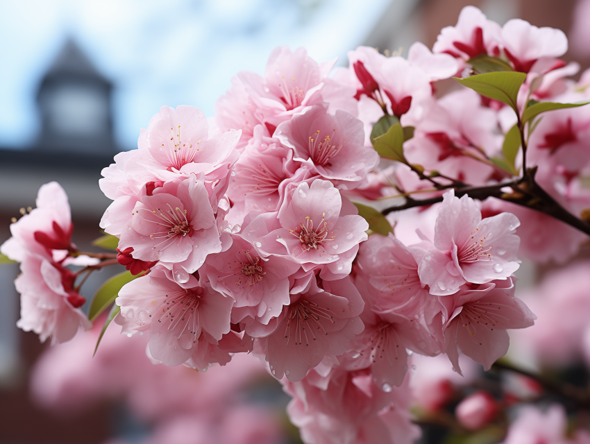 Pink Cherry Blossoms with Dew Drops