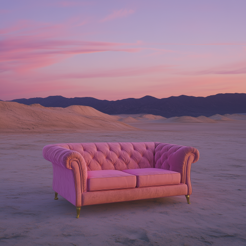 Pink Velvet Couch in Desert at Sunset