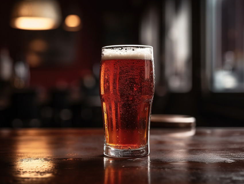 Pint Of Amber Ale On Bar Table