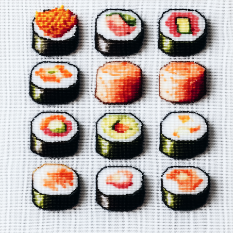 Pixel Art Sushi Rolls on White Canvas