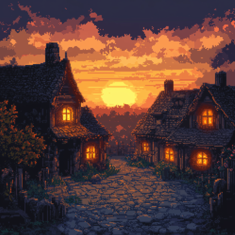 Pixel Art Village at Glowing Sunset