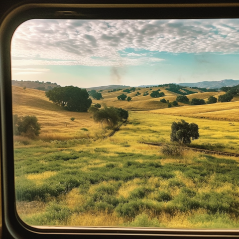 Photo of the California countryside taken from a train