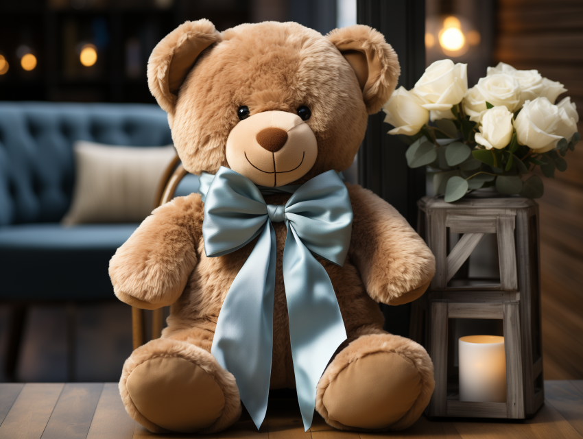 Plush Teddy Bear with Blue Bow