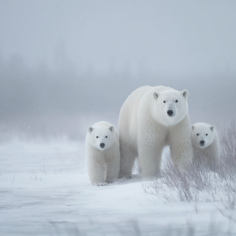 Polar Bear Mother with Cubs Walking
