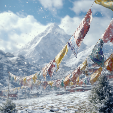 Prayer Flags in Himalayan Mountain Snow