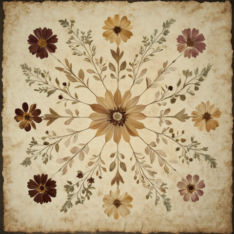 Pressed Flower Mandala on Aged Paper