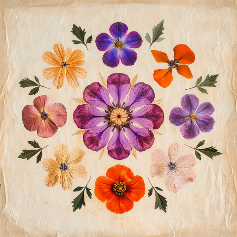 Pressed Flower Mandala on Vintage Paper