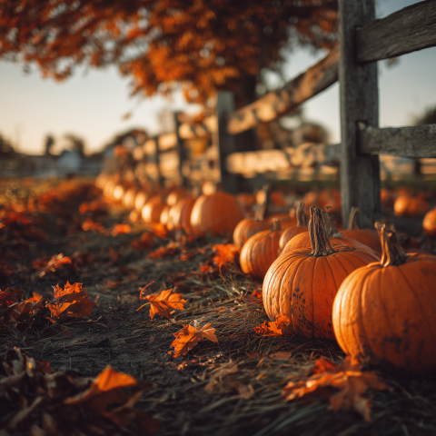 Display of Pumpkins Lined Along Rustic Wooden Fence