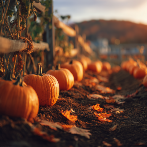 Pumpkin Patch Glowing in Autumn Sunset