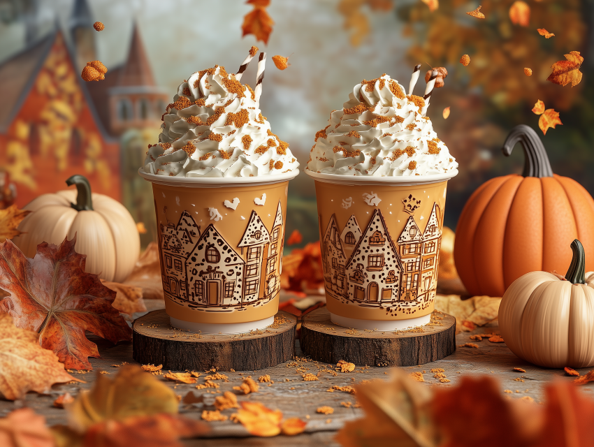 Pumpkin Spice Lattes with Autumn Decorations