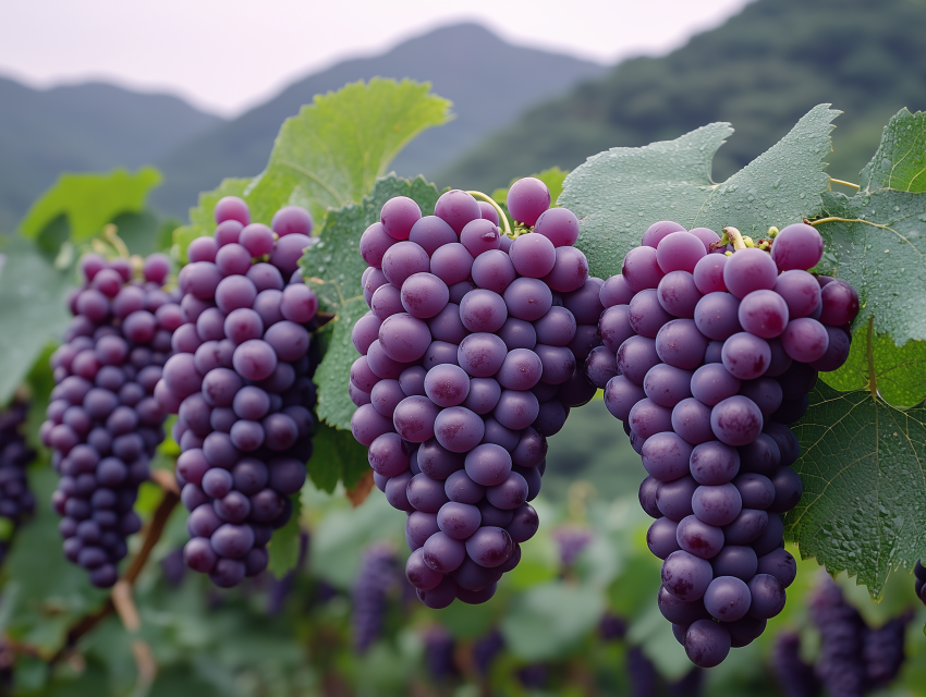 Purple Grape Clusters on Vineyard Vine