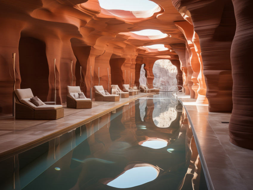 A modern luxury indoor swimming pool inside of Antelope Canyon
