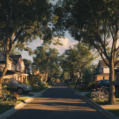 Quiet Residential Street at Sunset Lined with Trees