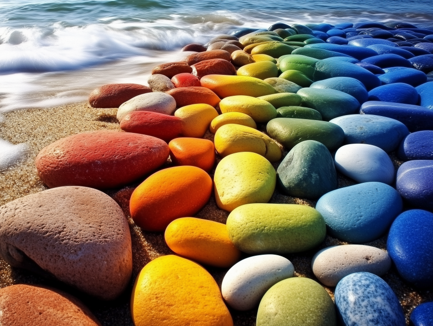 Rainbow-Colored Stones on a Beach Shore