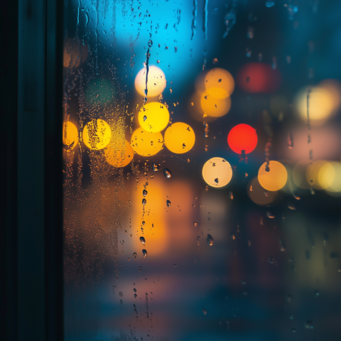 Raindrops on Window with City Lights Bokeh