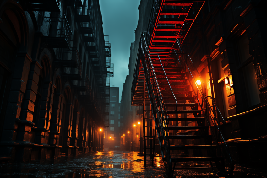Rainy City Alley with Fire Escapes
