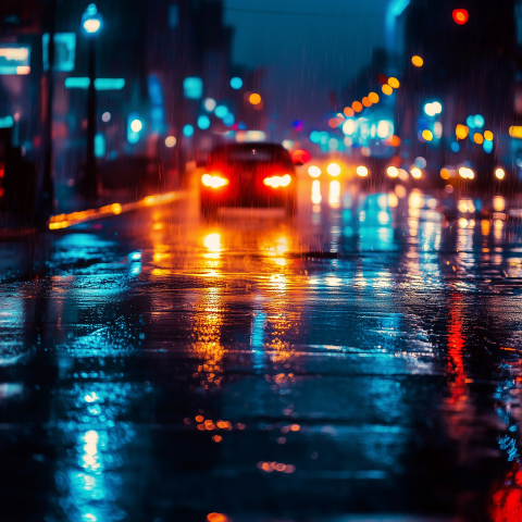 Rainy City Street Glowing with Neon Reflections