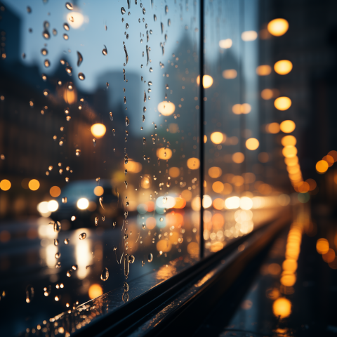 Rainy City Street Reflected in Glass