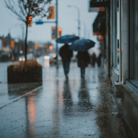 Rainy City Street With Umbrellas
