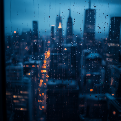 Rainy City View Through Blurred Window