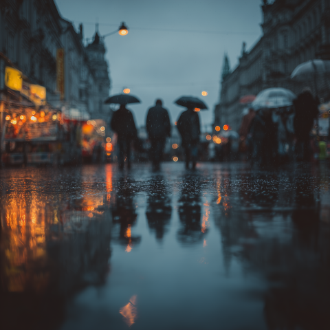 Rainy Evening City Street Reflections
