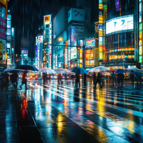 Rainy Night in Neon-Lit Tokyo Crosswalk