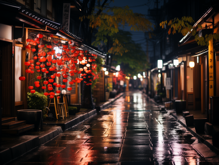 Rainy Night Street with Red Lanterns