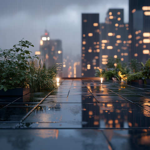 Rainy Rooftop Garden with City View