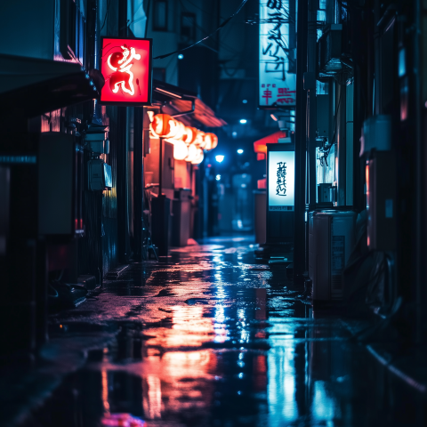 Rainy Tokyo Alley with Neon Lights