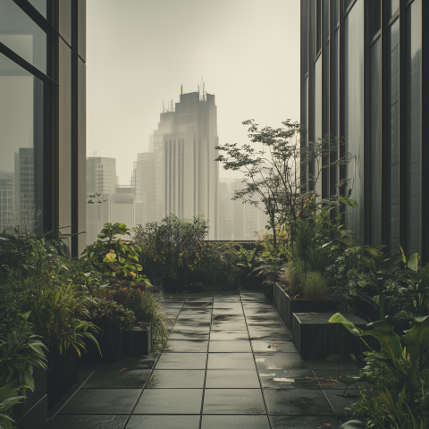 Rainy Urban Rooftop Garden with City View