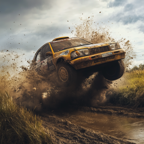 Rally Car Leaping Through Muddy Terrain