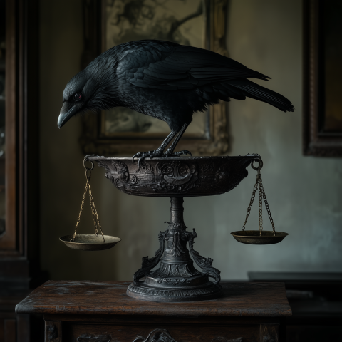 Raven on Antique Balance Scale