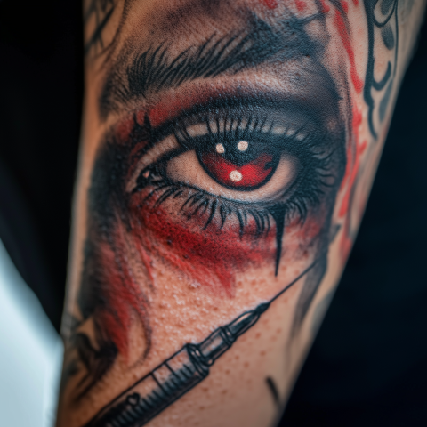 Realistic Tattoo of Bloody Eye and Syringe