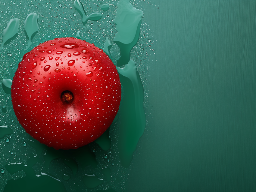 Red Cherry with Water Droplets on Green Surface