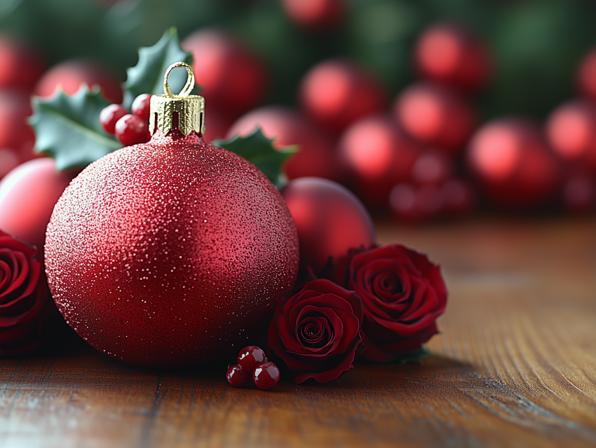 Red Christmas Ornament with Roses and Holly