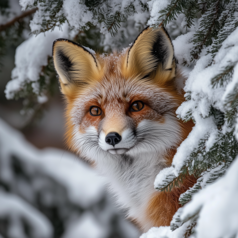 Red Fox Peeking Through Snowy Branches