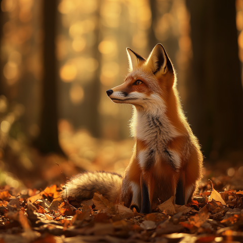 Red Fox Sitting in Autumn Forest
