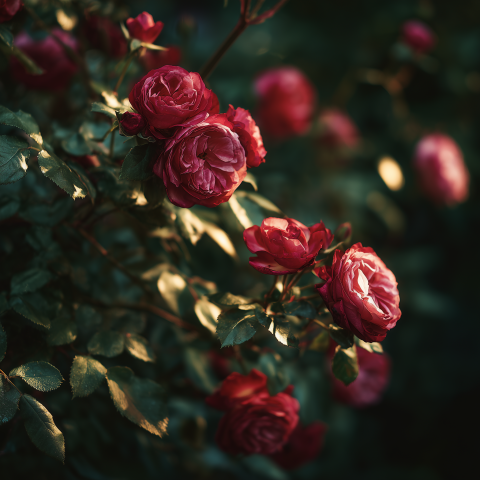 Red Roses Blooming in Garden Shade