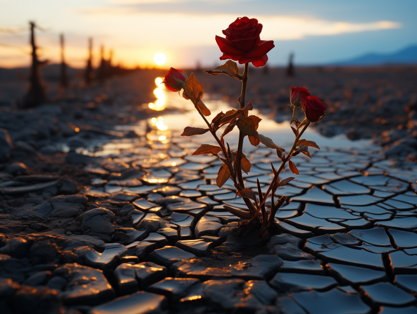Red Roses Growing in Cracked Desert Soil