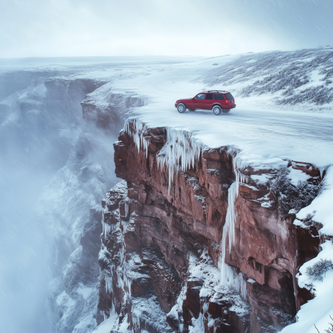 Red SUV on Icy Cliffside in Snowstorm