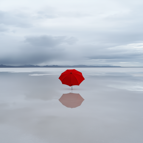 Red Umbrella Reflected on Salt Flat