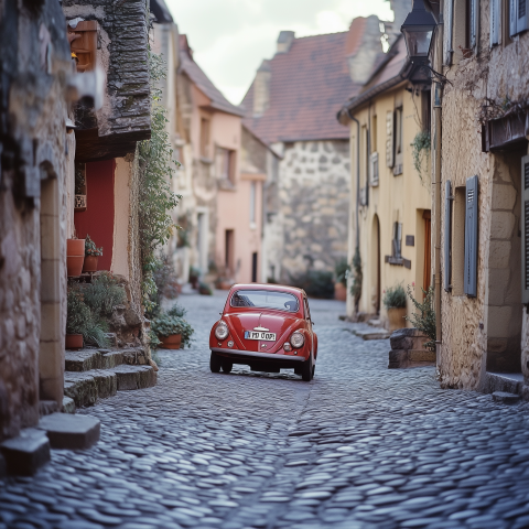 Red Vintage Car Driving Through Cobblestone Village