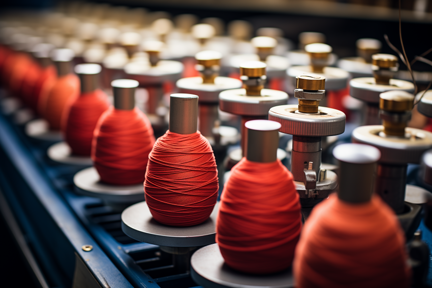 Machine Spools with Bright Red Yarn