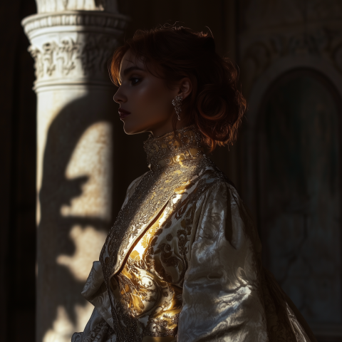 Regal Woman in Gilded Renaissance Gown