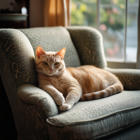 Relaxed Ginger Cat on Vintage Armchair