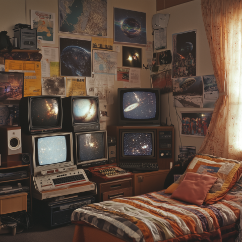 Retro Bedroom with Space-Themed Tech Setup