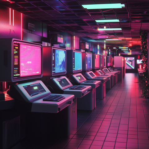 Retro Computer Lab With Neon Lights